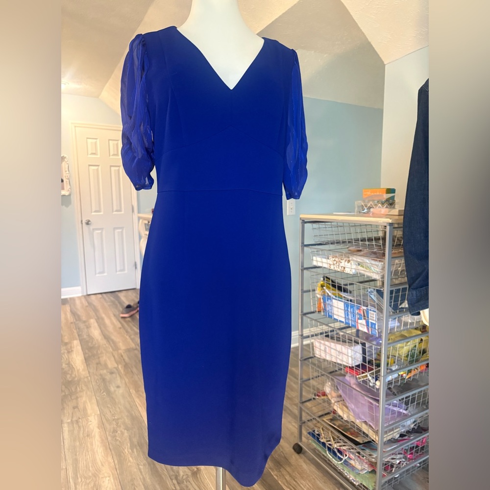 DKNY Royal Blue V-Neck Midi Sheath Dress